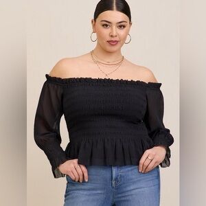 TORRID Black Chiffon Smocked Peplum Top Size 6X Plus Blouse Off-Shoulder 30 NEW
